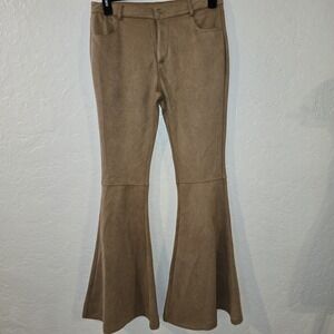 Saints & Hearts Light Brown Faux Suede Bell Bottom Pants L Stretch pockets Long